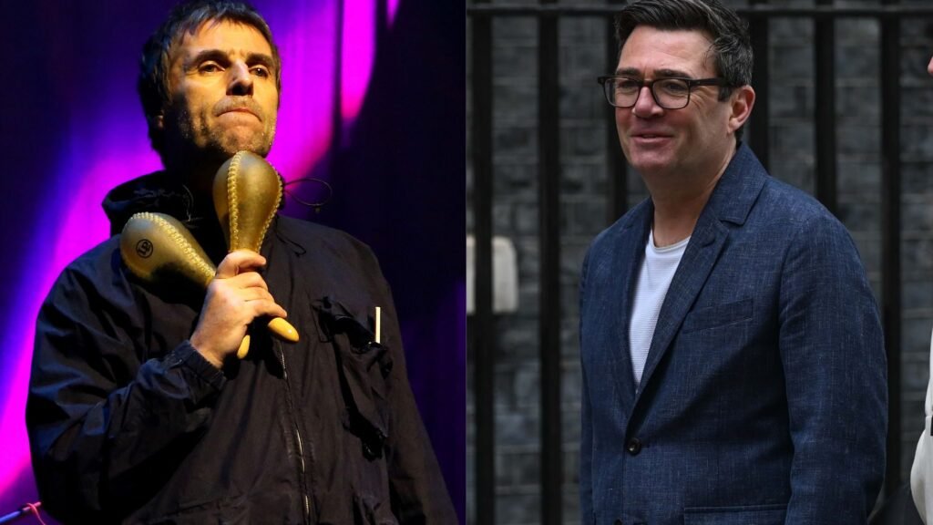 Oasis. Liam Gallagher and Andy Burnham. Chiaki Nozu and Rasid Necati Aslim/Getty Images