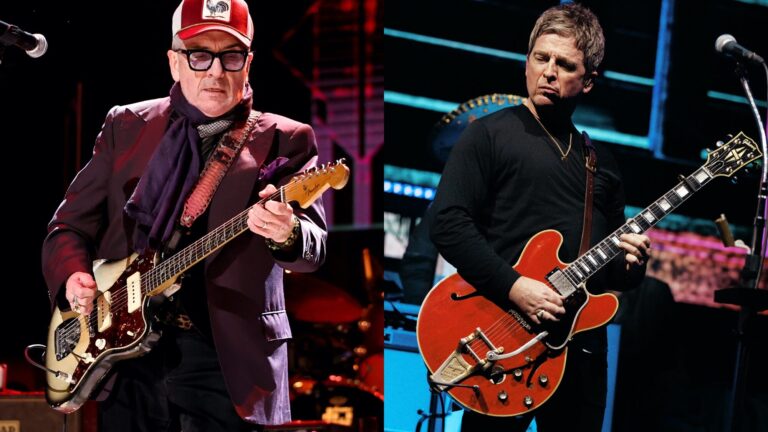 Elvis Costello. and Oasis' Noel Gallagher perform live. Jamie McCarthy/Getty (L), Big Brother Recordings (R)