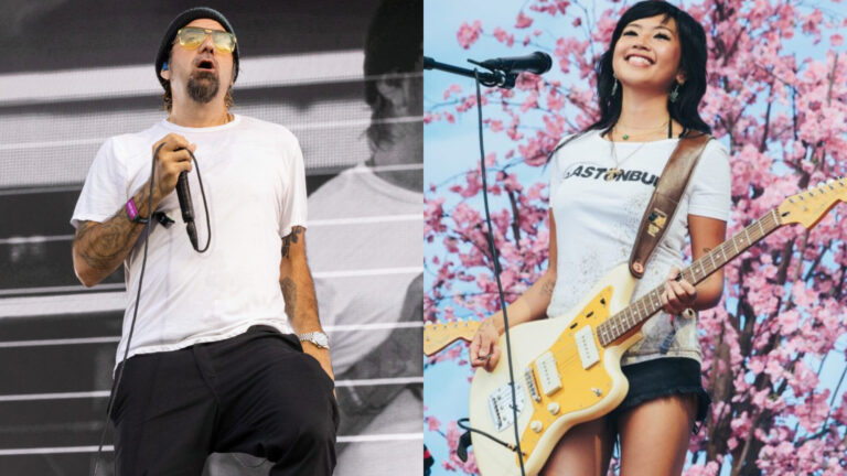 Beabadoobee. two side by side pictures of Chino Moreno (left) and (right) performing live on stage