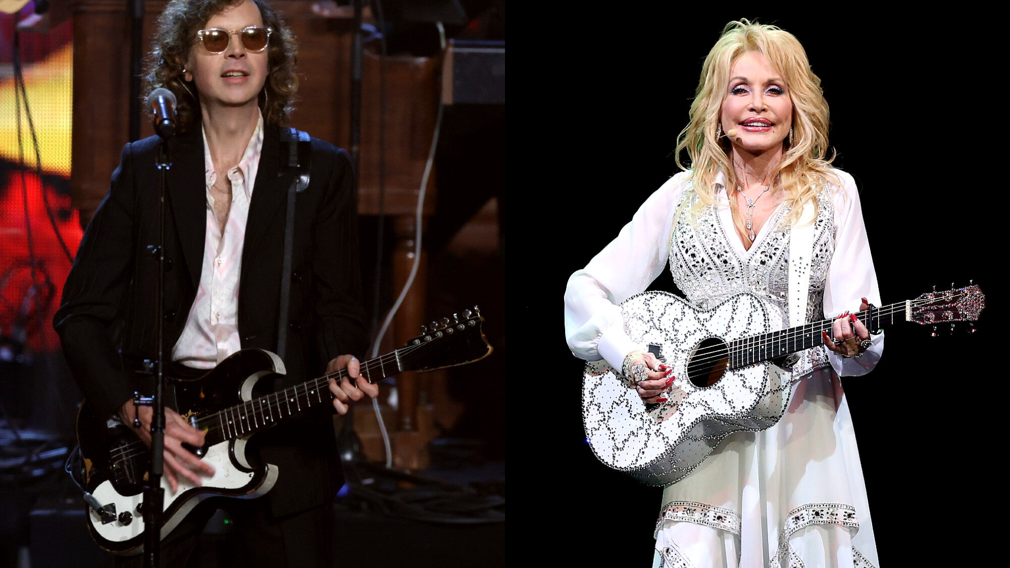 Beck. two side by side photographs of  (left) and Dolly Parton (right)